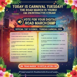 The dust has settled on registration, and the stage is set for the most anticipated musical battle of the year. Trinidad Carnival 2026 features a powerhouse lineup of 18 officially registered songs vying for the ultimate title. From seasoned legends like Machel Montano and Bunji Garlin to rising stars, the "Greatest Show on Earth" has its soundtrack. But this year, the power isn't just with the judges on the stage—it's in your hands. 🎤 The Official 2026 Road March Contenders Here are the 18 registered entries for the 2026 National Road March Competition: Aaron St Louis (Voice) – Cyah Behave Ian Alvarez (Bunji Garlin) – Road Man Jenelle Alicia De Leon (J Angel) – Leggo Kenson Neptune (Ninja) – Pensioner’s Anthem Kory Hart & Kevon Hart – Respectfully Yours Kwesie Paul (Shottalinkz) – Beating Road Kwesie Paul (Shottalinkz) – Drinker Leonce Taylor – Ready Up Leslie Ann St. Clermont (Sofi Saint) – Power Mode Lincoln Douglas (D’Anger D) – Stage Is Mine Machel Montano – Encore Machel Montano & Paris Coutain – Move Out D Way Marcus Braveboy (Braveboy) – Love On D Road Mical Teja & Patrice Roberts – Capital Nesta Boxill (Sekon Sta) – Euphoria Paul Lalla (Rack3Six) – Lunatic Sandra Paisy Emmanuel (Queen Steam) – 2 Ah Dem Steve Gobert (Chovel) – Bigger Badder 🗳️ How to Crown the "Digital Road March Champ" We are taking the vibes global! For the first time, Carnival Radio is hosting an interactive voting process to crown the Digital Road March Champ. Here is how you can participate: When to Vote: The interactive request stream runs daily from 8:00 AM to 8:00 PM. Where to Vote: Listeners can participate directly via the CarnivalRadio.live website or by using the Carnival Radio Chrome App. The Process: Look for the "Road March Request" button on the site. Simply click and request any of the 18 registered songs listed above. The Winner: The song that receives the highest number of interactive requests during the voting window will be crowned our official Digital Road March Champ. 📢 Stay Updated Don't miss the big reveal! We will announce the winner right here on the site and live via our @PlayMasToday Instagram page. The road is calling—which song are you taking to the stage? Get requesting now!