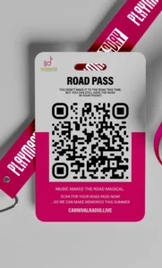 A digital Road Pass for CarnivalRadio.Live featuring a large QR code on a magenta and grey lanyard badge. Text reads "Road Pass: You didn't make it to the road this time, but you can still have the road in your pocket." Promoting the 2026 summer carnival season.